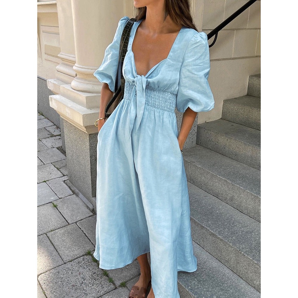 Commense Linen Cotton Tie Front Midi Dress Smocked Waist Puff Sleeve Sundress
